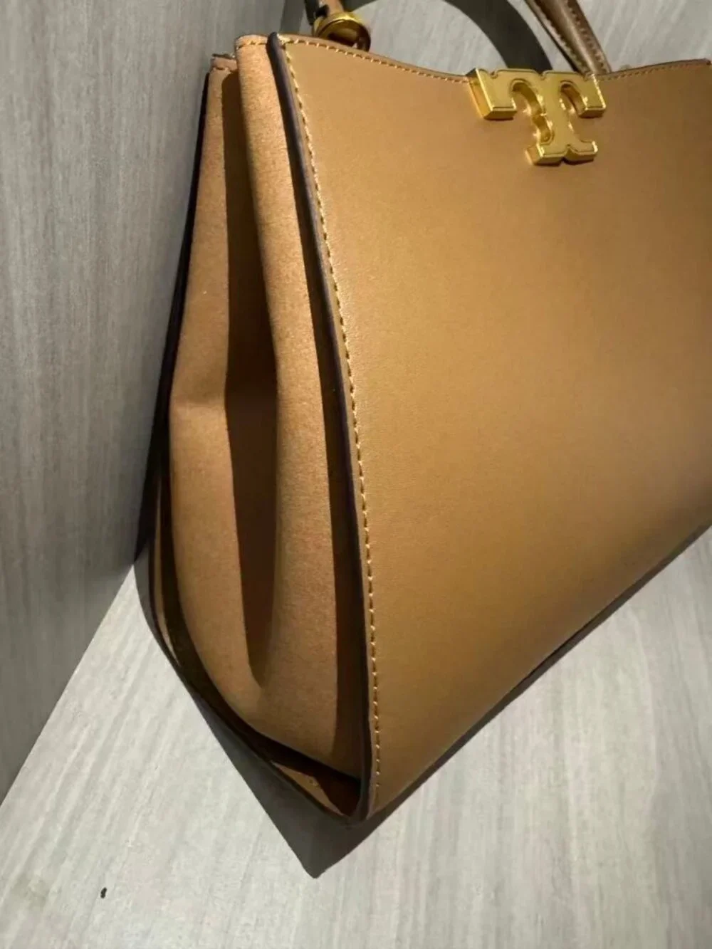 Tory Burch Taupe Smooth Leather Top‑Handle Satchel Gold‑Tone Logo Lock Handbag